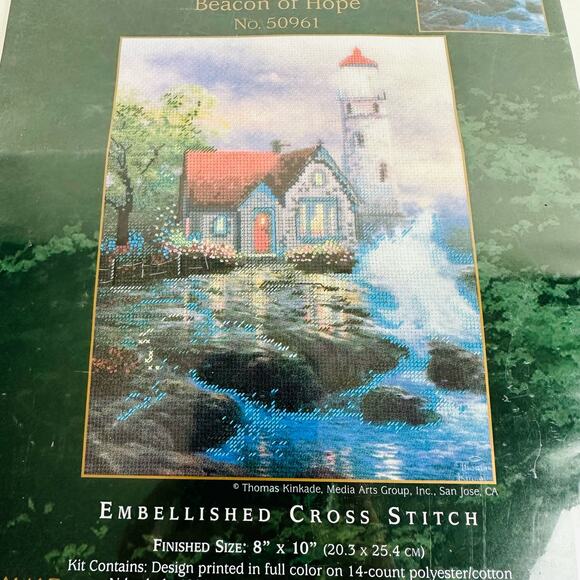 Vintage Thomas Kinkade Beacon Of Hope Embellished‎ Cross Stitch Kit Crafts New - Picture 3 of 5